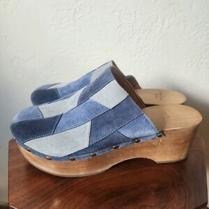 Sezane X SEA Davia Wooden Clogs in Blue Suede Patchwork Leather 39 / 9